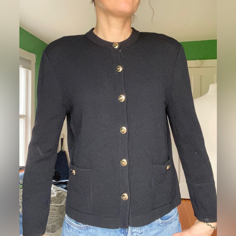 Vintage St John Basics black knit jacket gold logo buttons USA